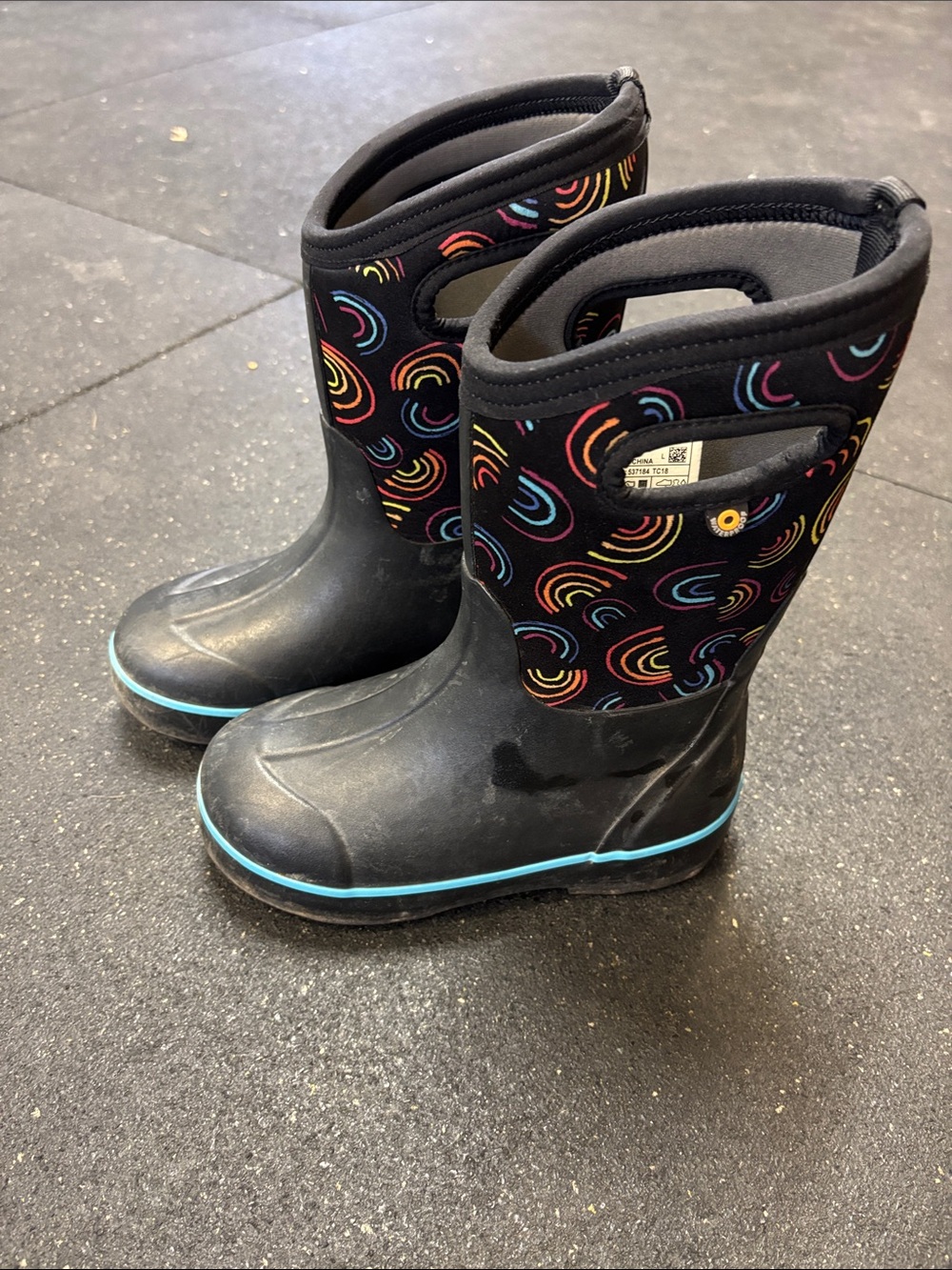 BOGS Black Rain & Snow Boots with rainbow accents